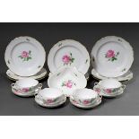 14 Teile Meissen "Rote Rose", bestehend aus: 9 Speiseteller (Ø 25cm, 3x 2 Schleifstr.), 4 Suppentas