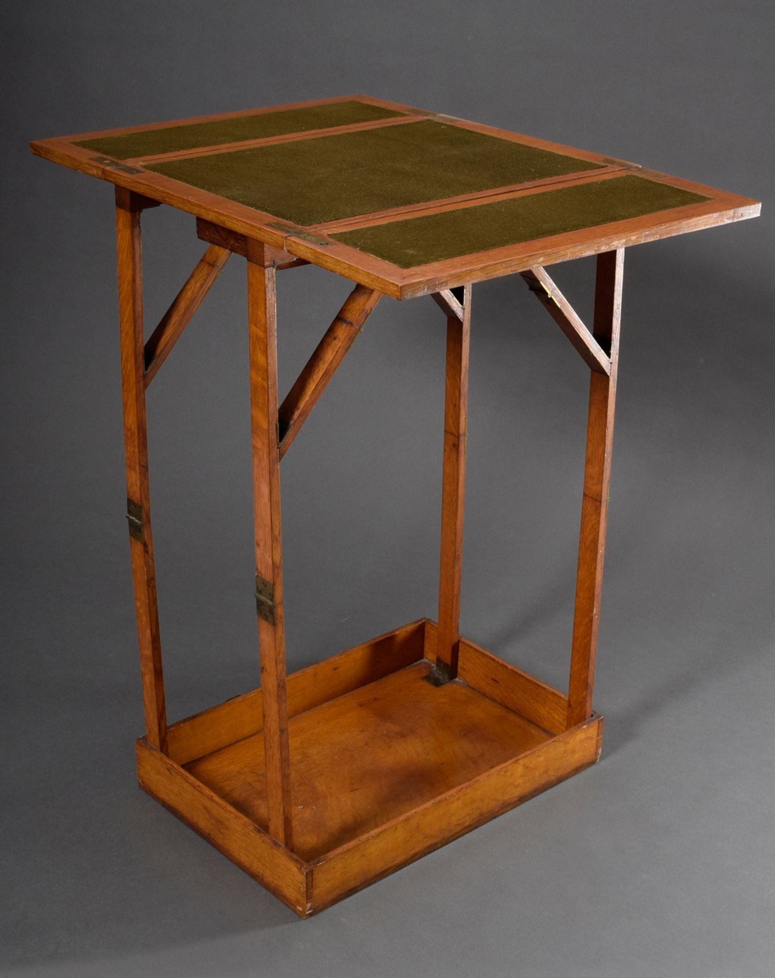 Travel patent table with green felt tops and two drawers, wood, foldable, num. "Patent Nr. 14097", 