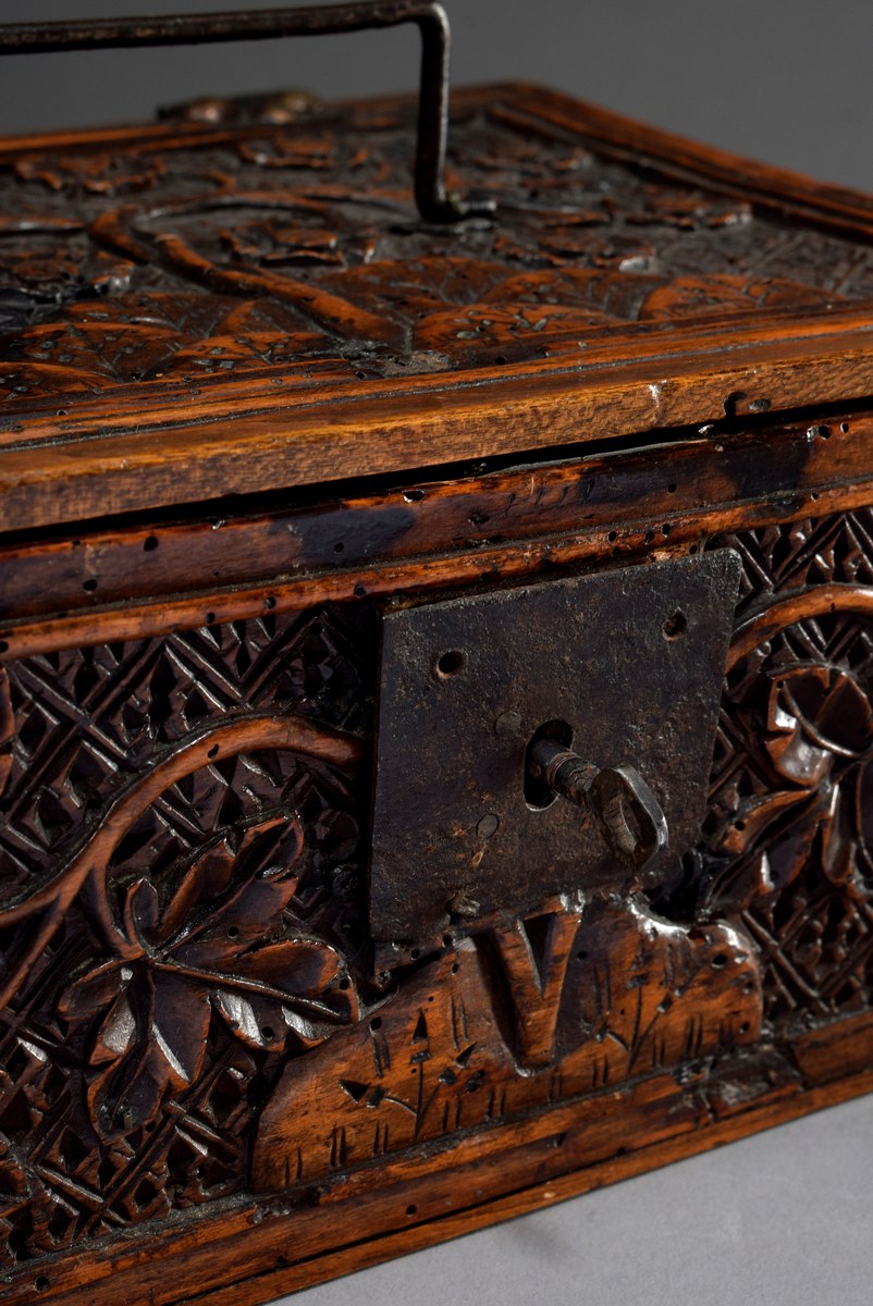 Large minstrel's box with relief carvings "Blossom tendrils and fantastic birds" as well as iron fi - Image 4 of 7