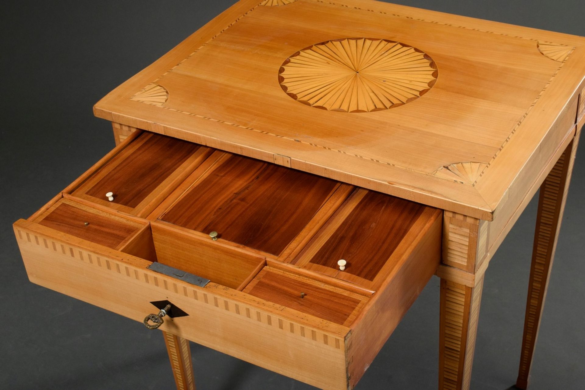 Side table with inlays, fruitwoods, around 1800, 77x65x53cm, strongly paled - Image 7 of 9