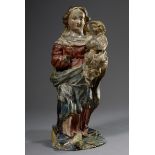 Barocke Skulptur „Muttergottes mit Kind“, Ton farbig bemalt, H. 46,5cm, Hand fehlt, diverse Defekte