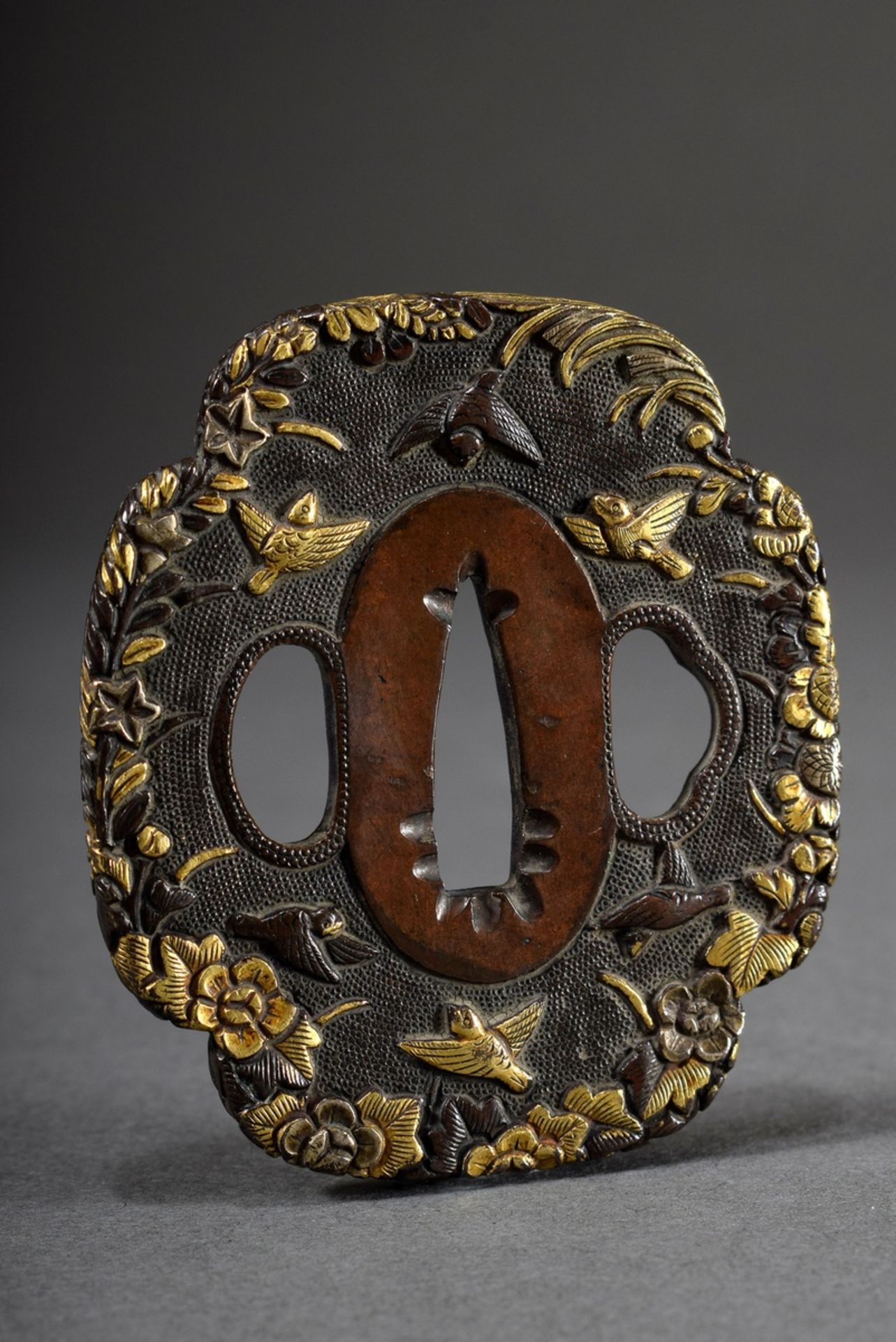 Bronze tsuba with gold inlays "birds and blossoms", Japan, 7x6cm, slight signs of age - Image 2 of 4