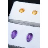 2 Diverse Paare Edelsteine: Paar runde, facettierte Citrine (ca. 2.1ct, Ø 8,1mm) und Paar Amethyste