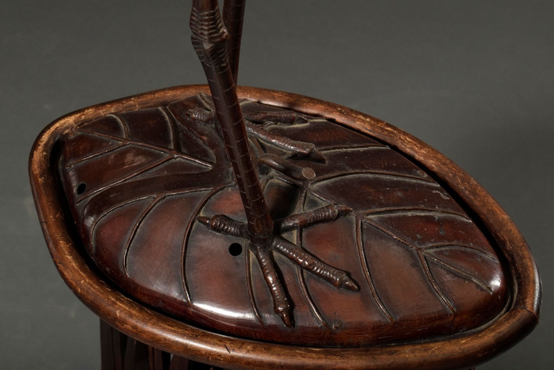 Japanese bronze "Standing Heron" on a matching carved Blackwood stool, Meiji period, h. 147cm, vari - Image 9 of 23