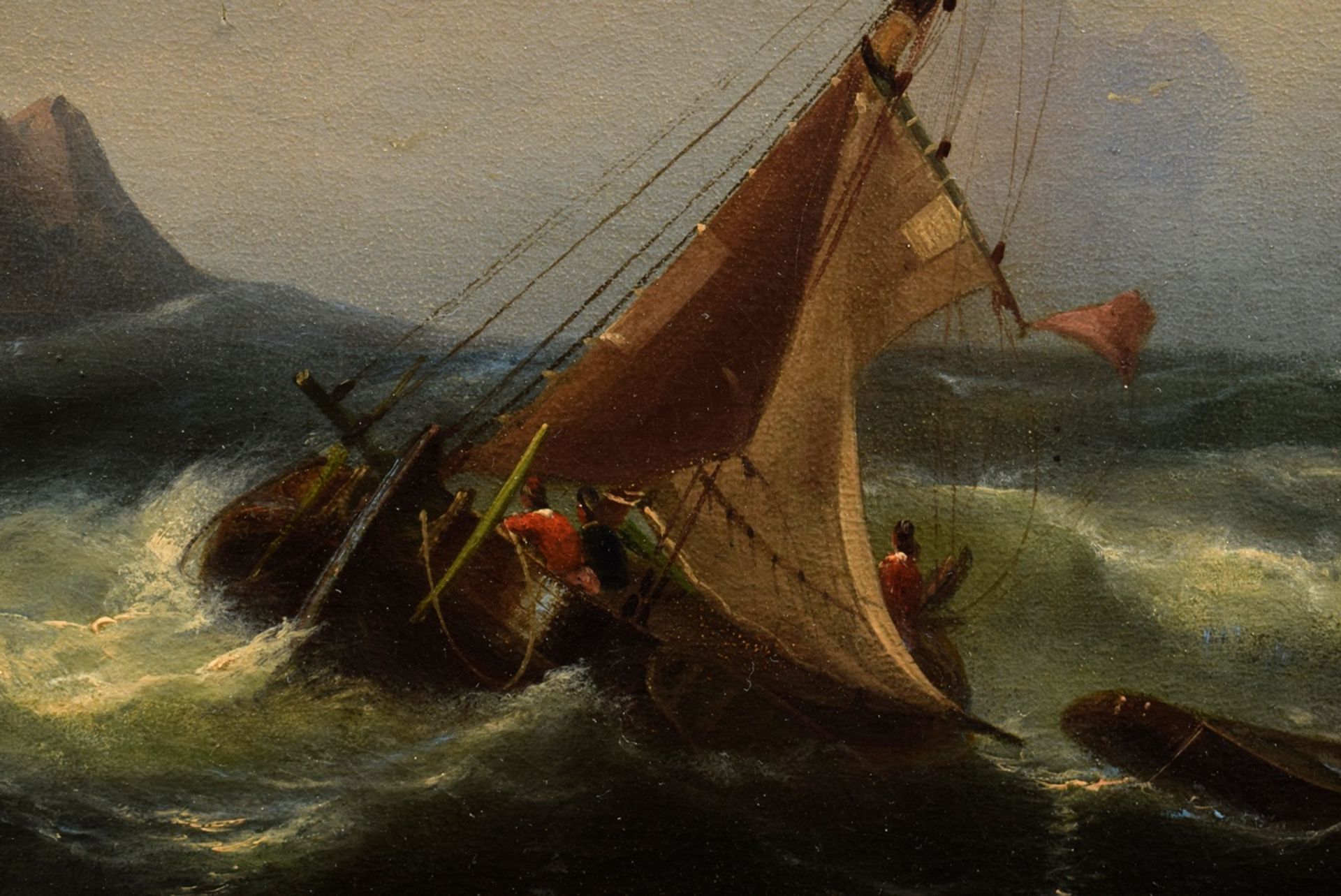 Marinemaler des 19.Jh. (Plagemann?) "Schiffe in rauer See vor Felsenküste" 1848, Öl/Leinwand auf Ho - Bild 3 aus 6