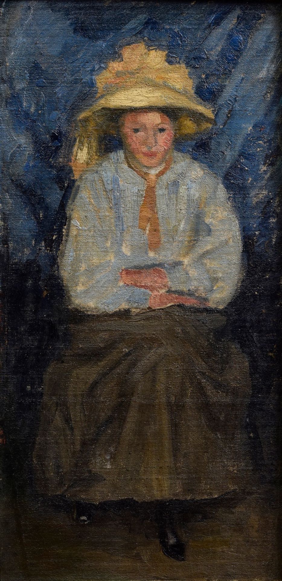 Stekker, Martin (1878-1962) "Sitzendes Mädchen mit Hut", Öl/Leinwand auf Holzplatte montiert, verso