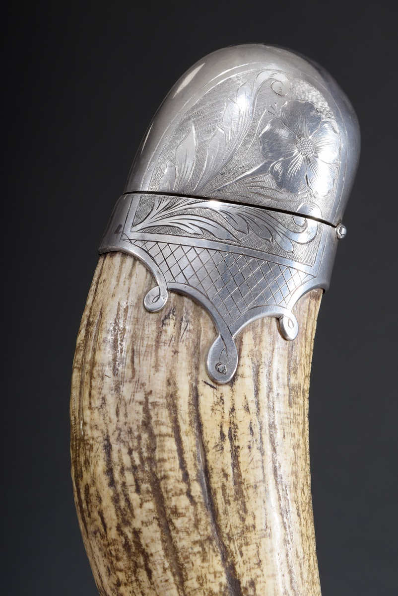 Whale tooth with floral engraved silver mount worked as match case, without hallmarks, around 1900, - Image 3 of 4