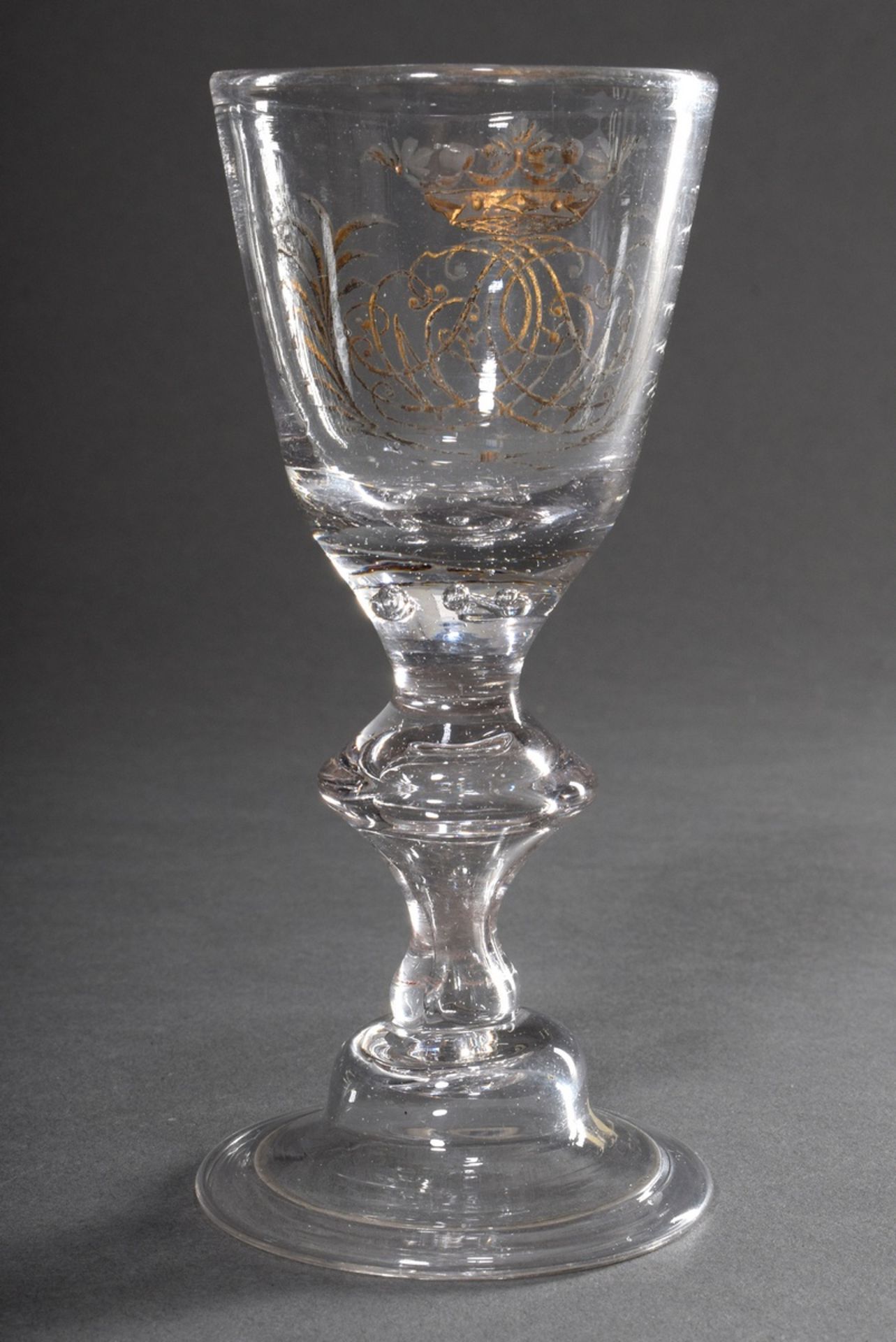 Baroque goblet glass on a bell base with turned rim, hollow blown baluster stem with 7 pierced bubb - Image 2 of 4