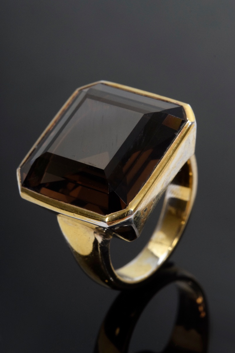 Handmade silver 900 vintage ring with smoky quartz (ca. 19.3ct), 11,8g, size 55, gold plating partl