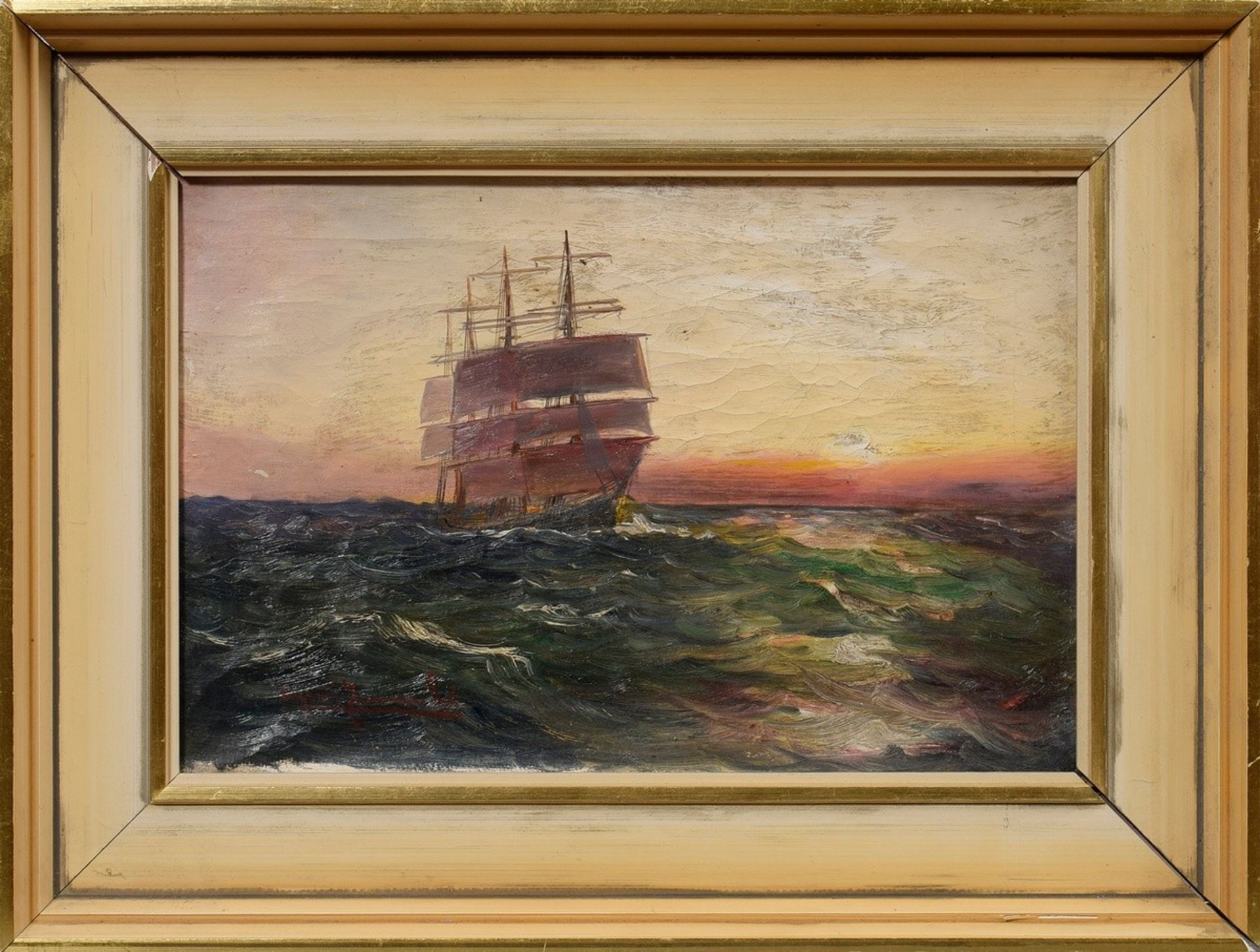 Jensen, Alfred (1859-1935) " Three-Master at Sunset", oil/canvas, b.l. sign., 24,6x36,6cm (w.f. 36x - Image 2 of 4