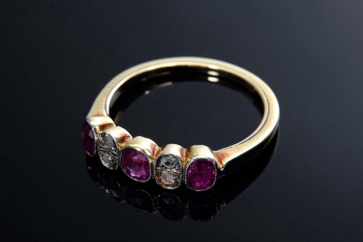 YG 585 pre-hoop ring with small diamond roses and 3 rubies, 2,5g, size 54