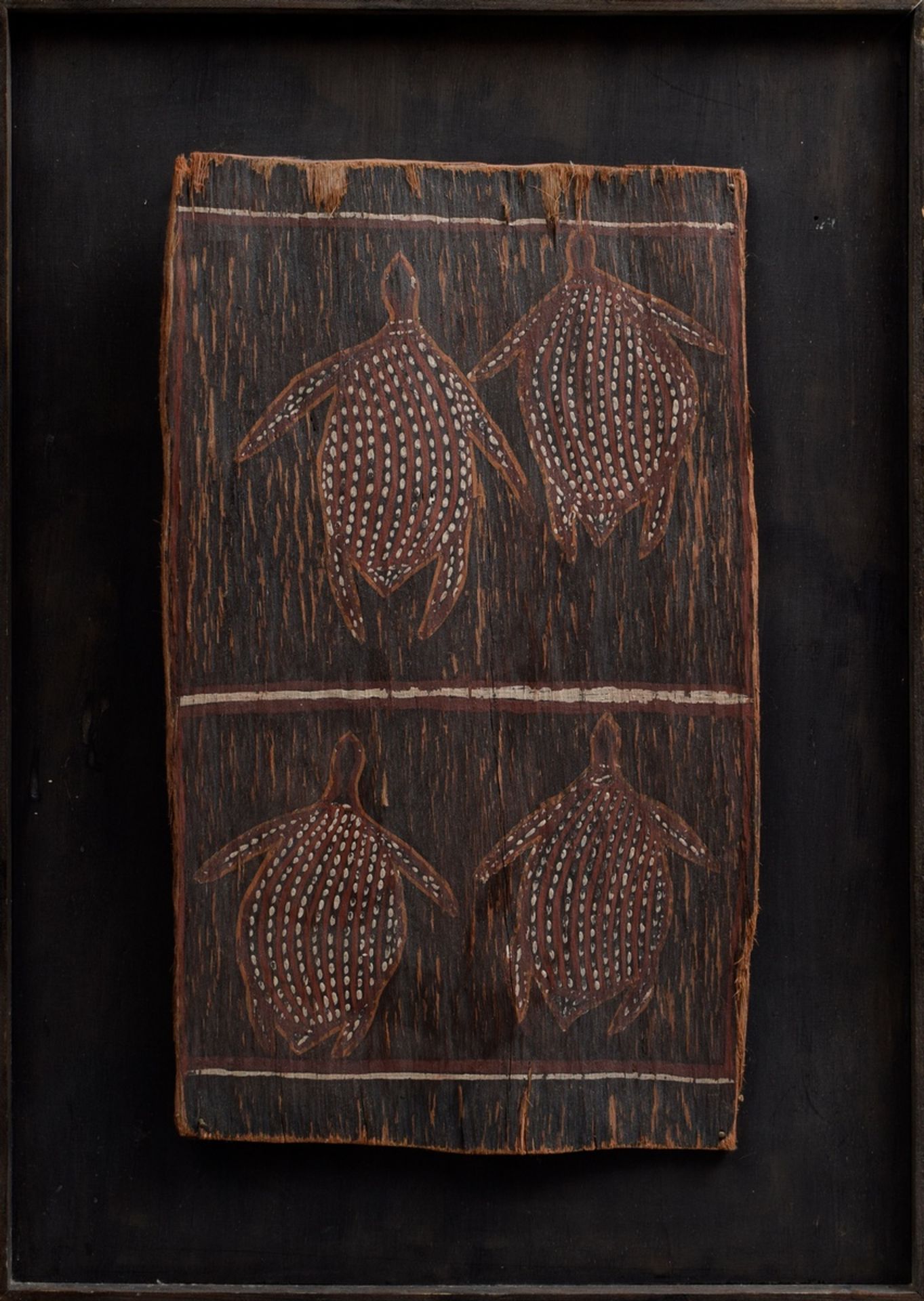 3 Various Aboriginal paintings on tree bark "Turtles and striped or zigzag patterns", earth/natural - Image 2 of 7