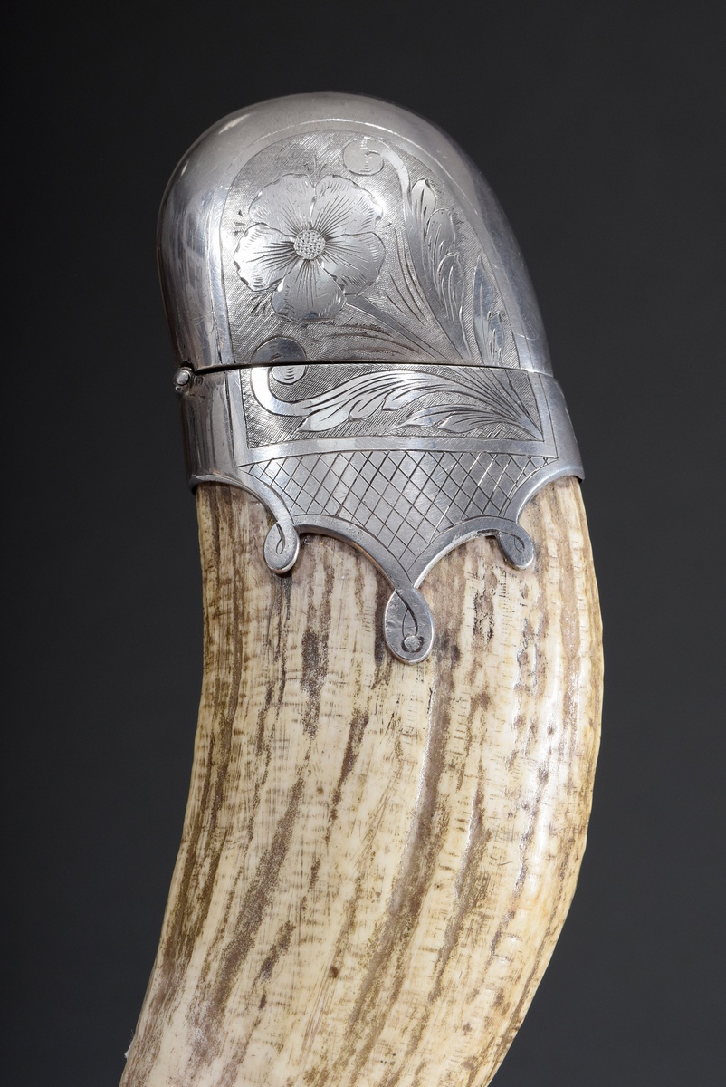 Whale tooth with floral engraved silver mount worked as match case, without hallmarks, around 1900, - Image 4 of 4