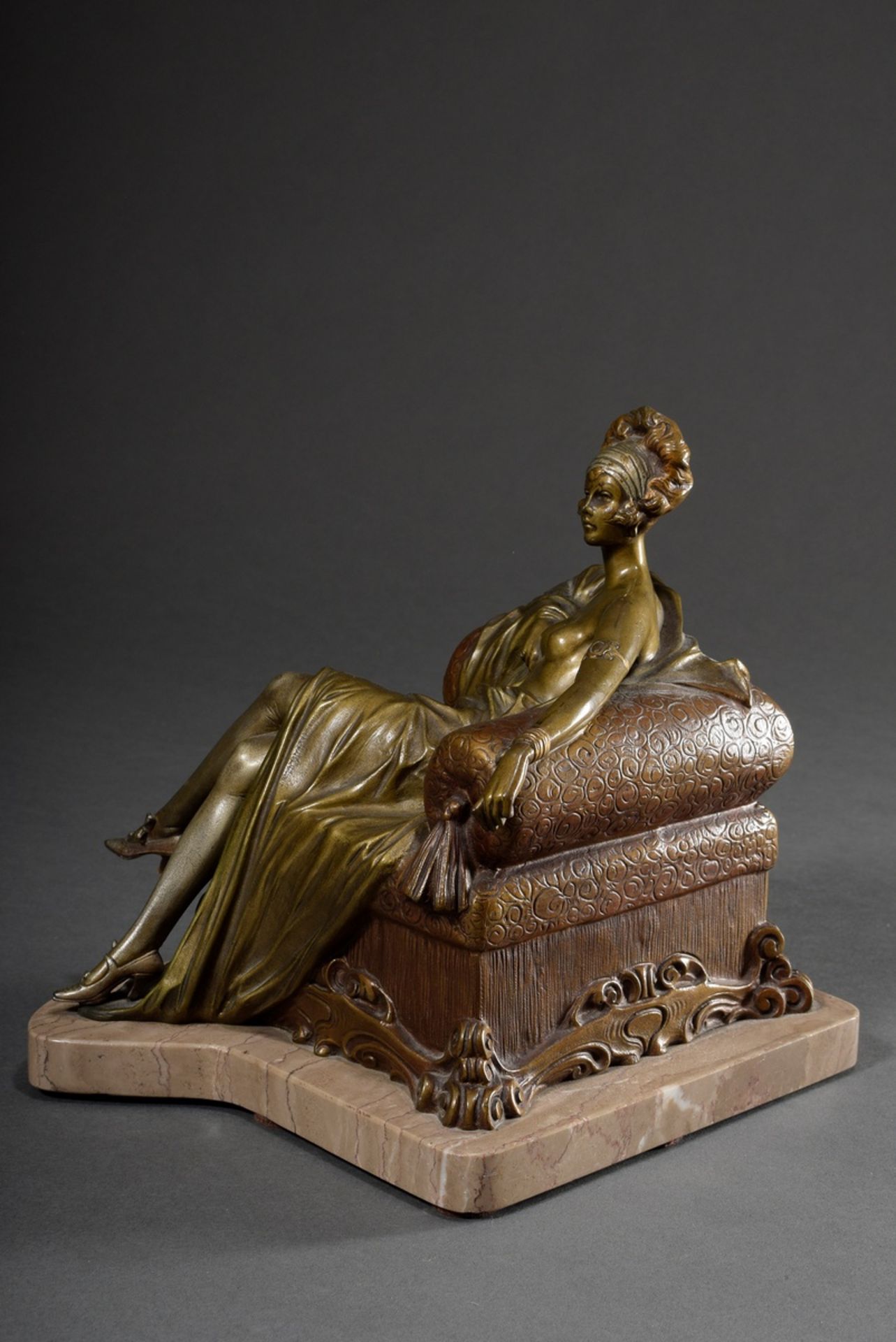 Unknown artist c. 1920 "Lascivious lady on armchair", bronze with various patinas on reddish marble - Image 7 of 8
