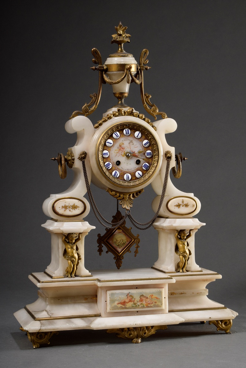 French Napoleon III state pendulum in alabaster case with plastic vase crowning and floral and figu