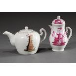 2 Diverse Teile Wallendorf Porzellan, um 1800: Teekanne mit polychromer Malerei "Grabmal" mit Insch