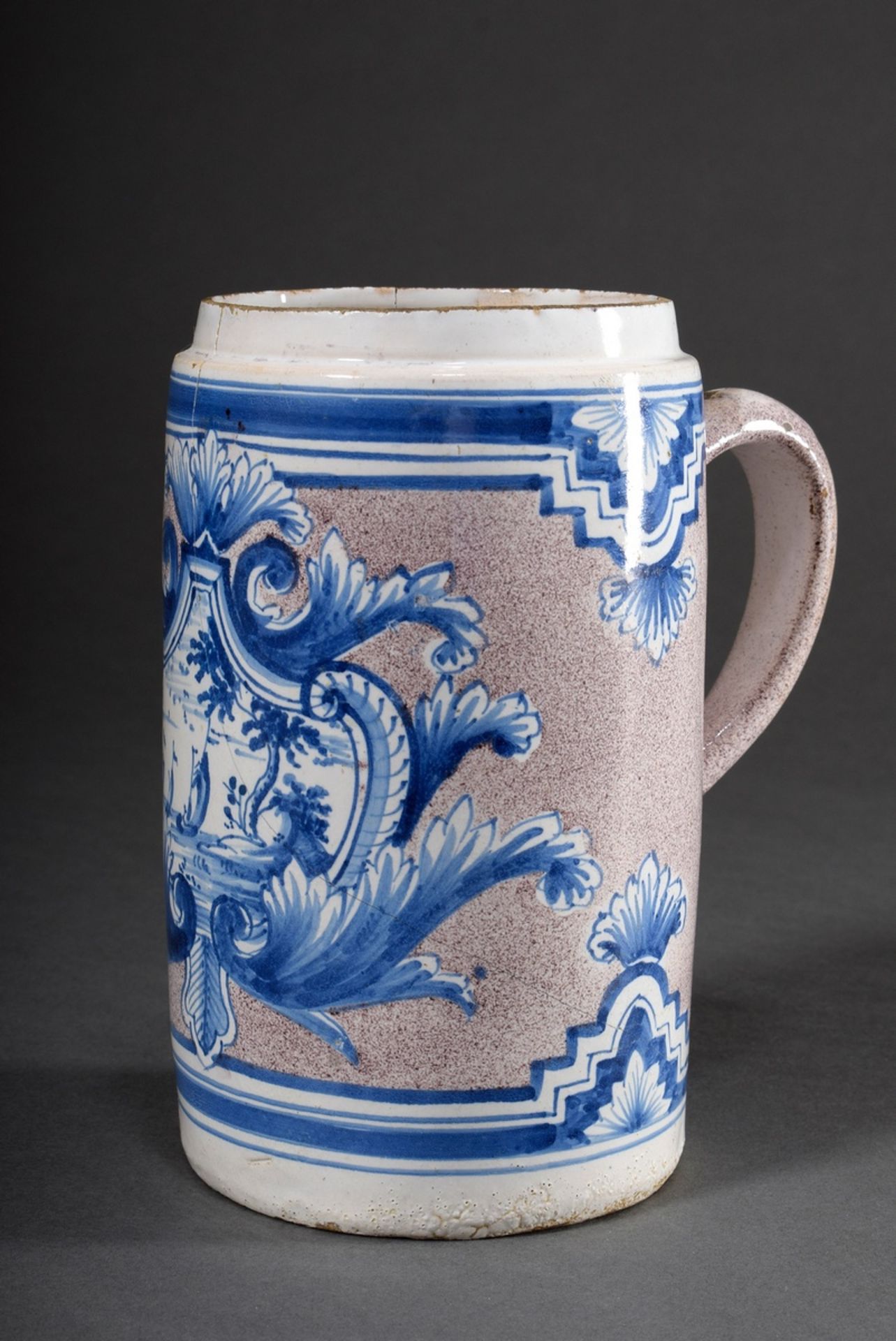 Faience cylindrical jug with blue painting decor "Sailboats in front of the coast" in floral cartou