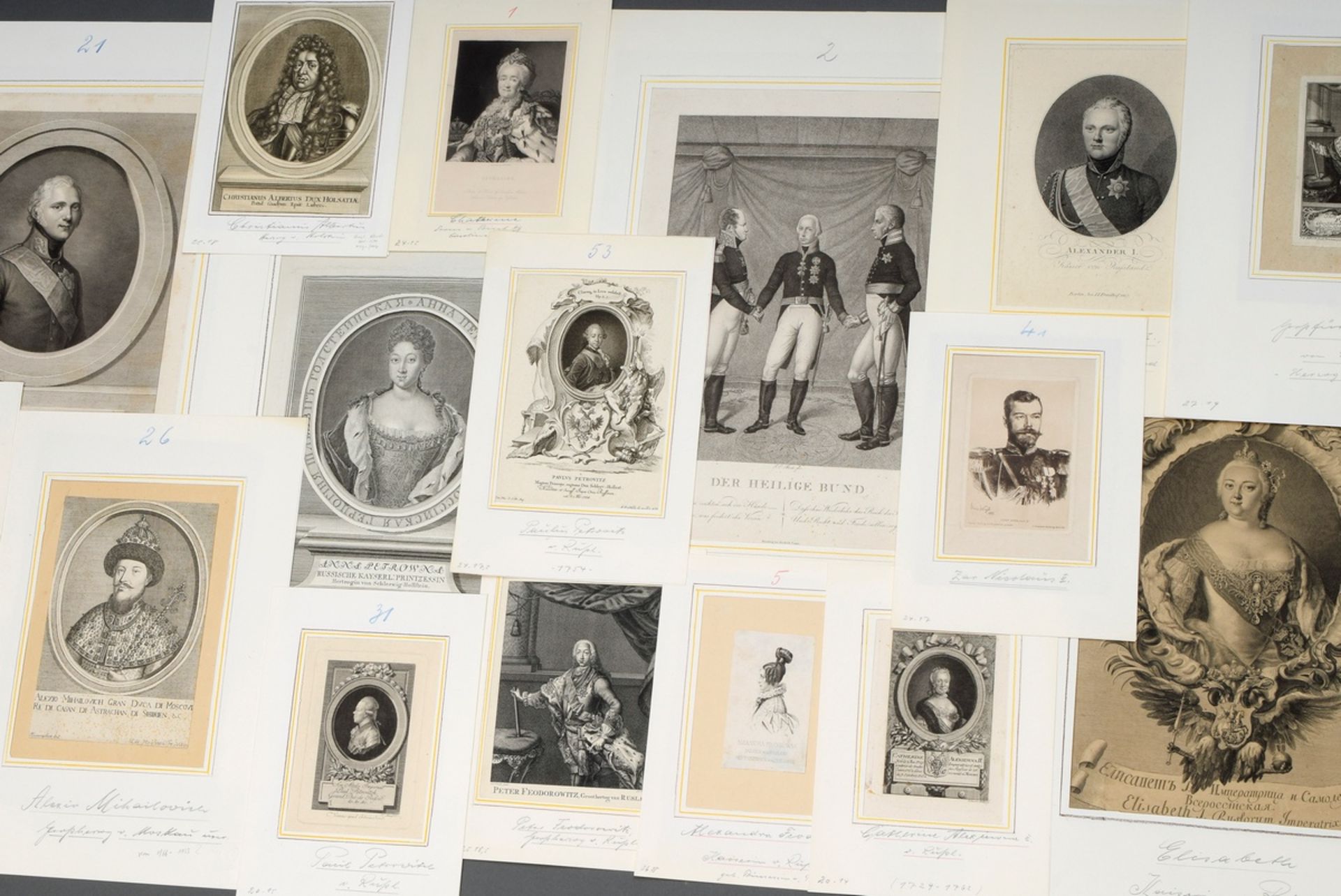 Mixed lot of 16 various engravings "Russian Rulers", i.a. Alexander I., Anna Petrovna, Elisabeth, P