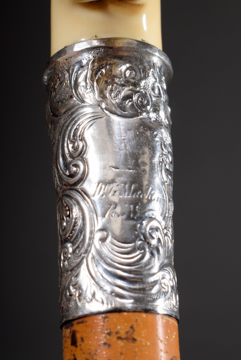 Souvenir walking stick of the Royal Naval Hospital Plymouth with carved scrimshaw and floral silver - Image 3 of 7
