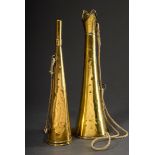 Megaphone and bugle around 1900, copper, brass plated, l. 35,5/37,5cm, signs of age and use, coll. 