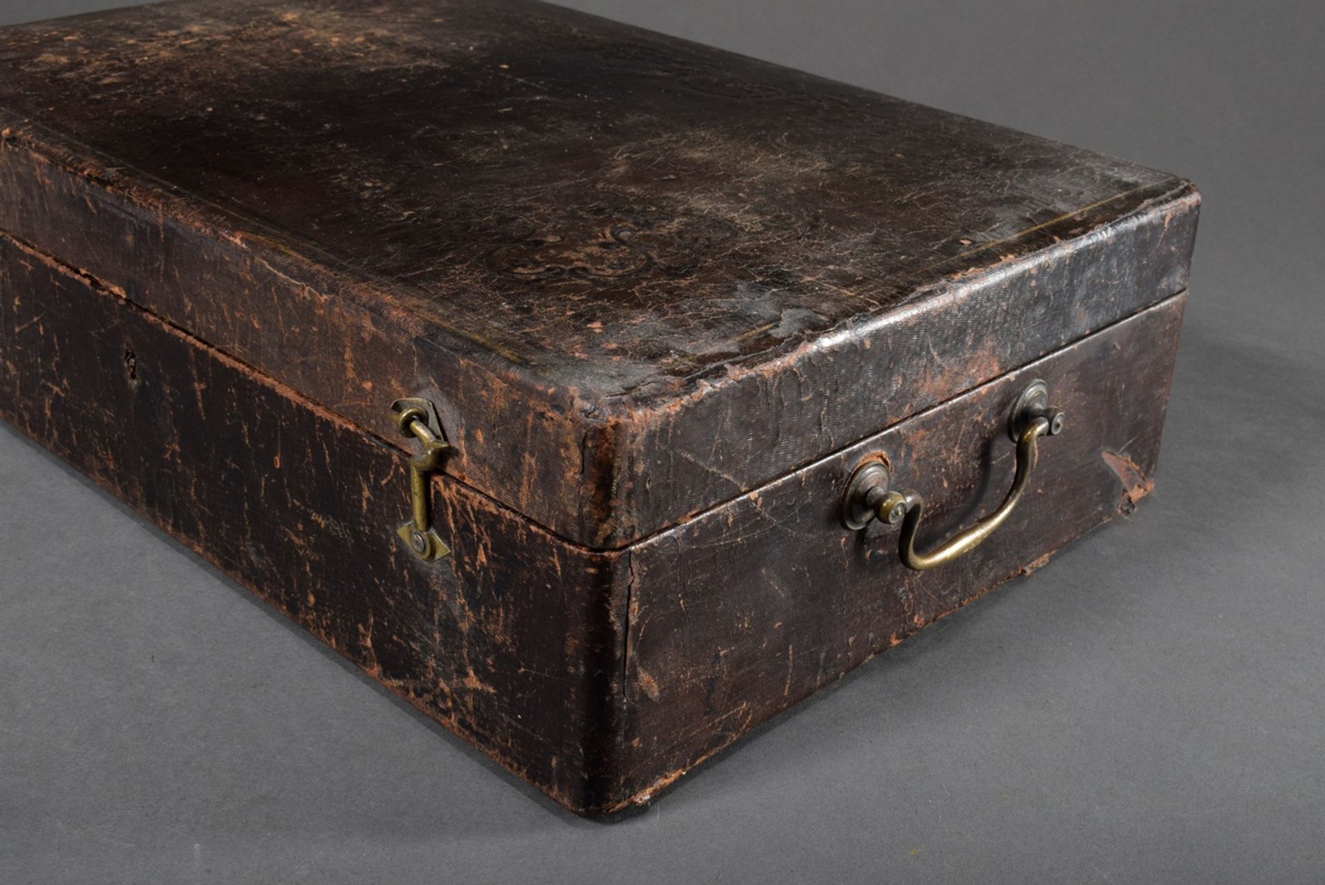 Leather covered box for duelling pistols, hallmarked, 14x49x32cm, defective