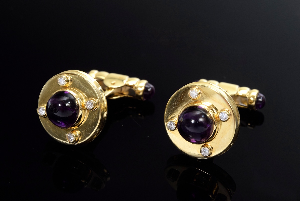 Pair of elegant YG 750 cufflinks with amethyst cabochons (total approx. 4.4ct) and diamonds (0.18ct - Image 2 of 4