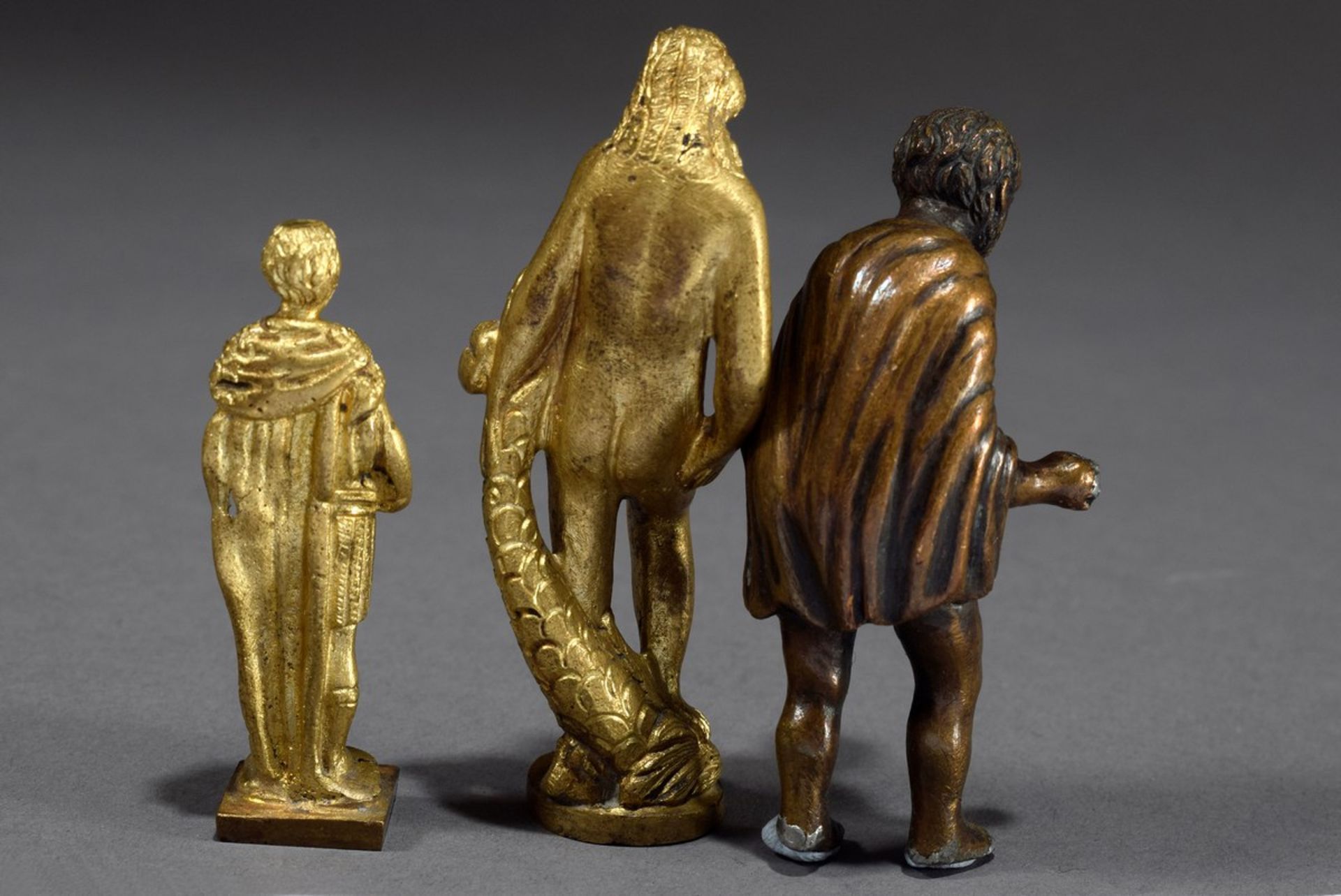 3 Various mythological yellow and red brass miniatures: "Sea god with fish", "Roman" and "Beggar wi - Image 2 of 3