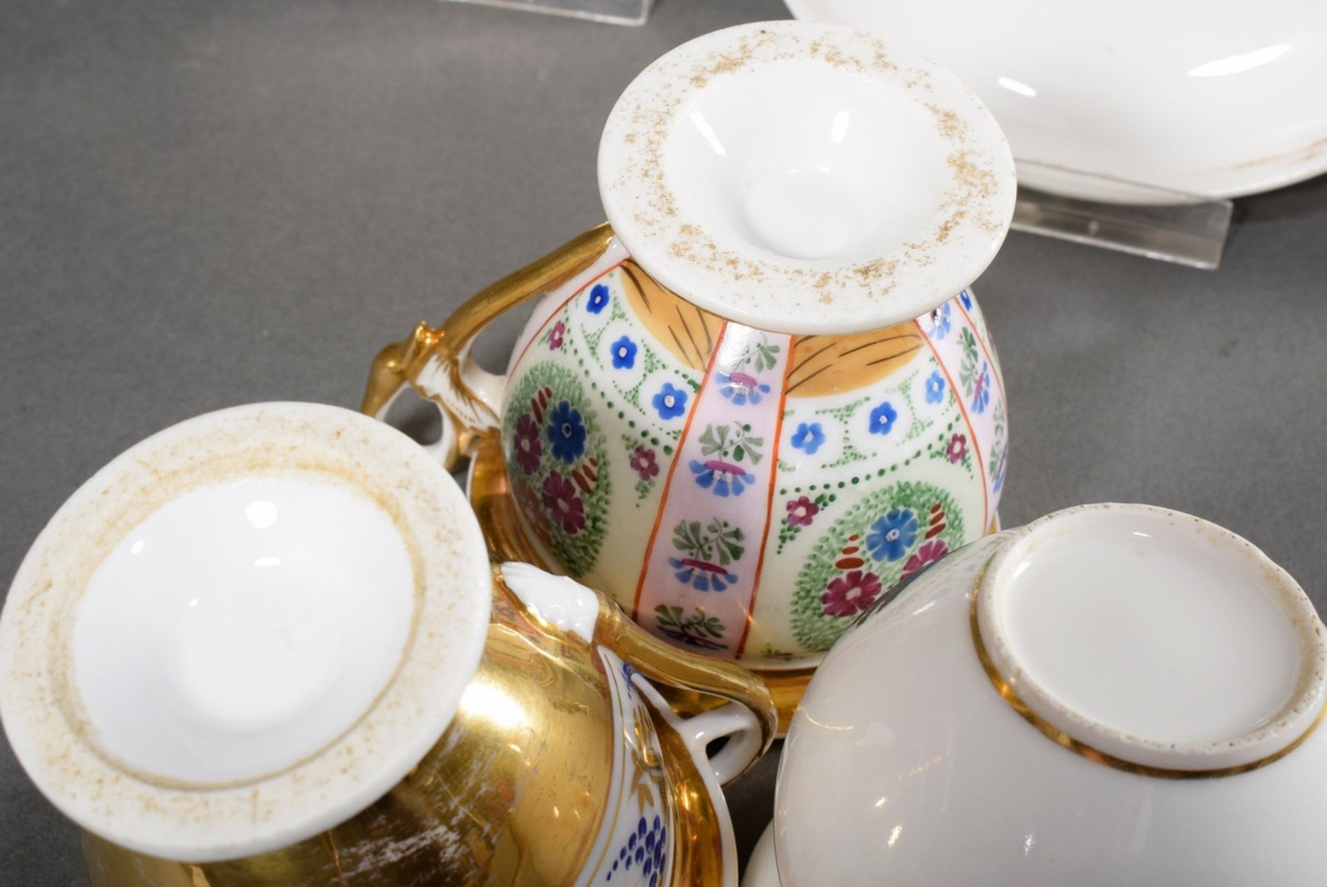 3 Empire porcelain cups/saucers with floral painting and gold decoration, 1x with overprint decorat - Image 3 of 3