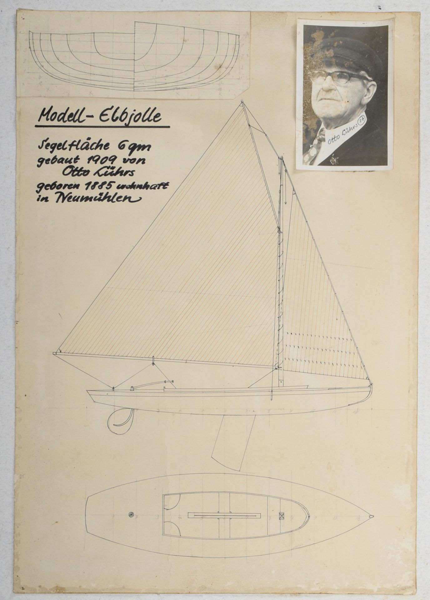 Model "Elbjolle", wood, built by Otto Lührs 1909, l. approx. 262cm, mast, boom and sails missing, s - Image 2 of 9