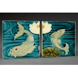 2 Paar Jugendstil Fliesen "Fische", Villeroy & Boch/Mettlach, um 1900, 15x15cm, kl. Defekte