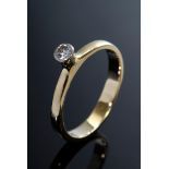 Moderner GG 585 Ring mit kleinem hochaufgesetztem Solitär Brillant (ca. 0.10ct/SI/W), 3g, Gr. 55