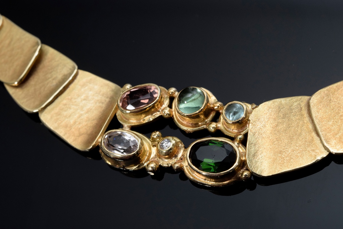 5 pieces YG 585 handmade jewellery in scale link design with tourmalines, cabochon and facet cut ku - Image 4 of 8