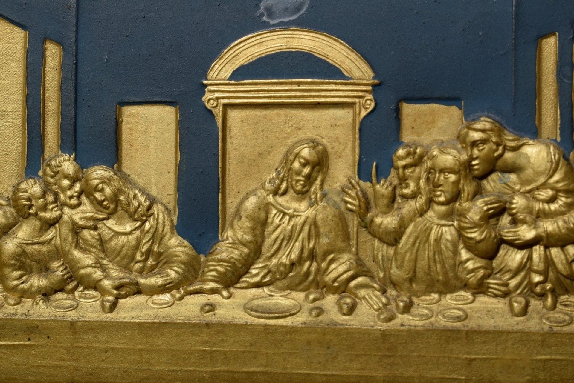 Metal relief "The Last Supper", blue/gilt, 19th century, framed, 11x18cm (w.f. 16x23cm) - Image 3 of 5