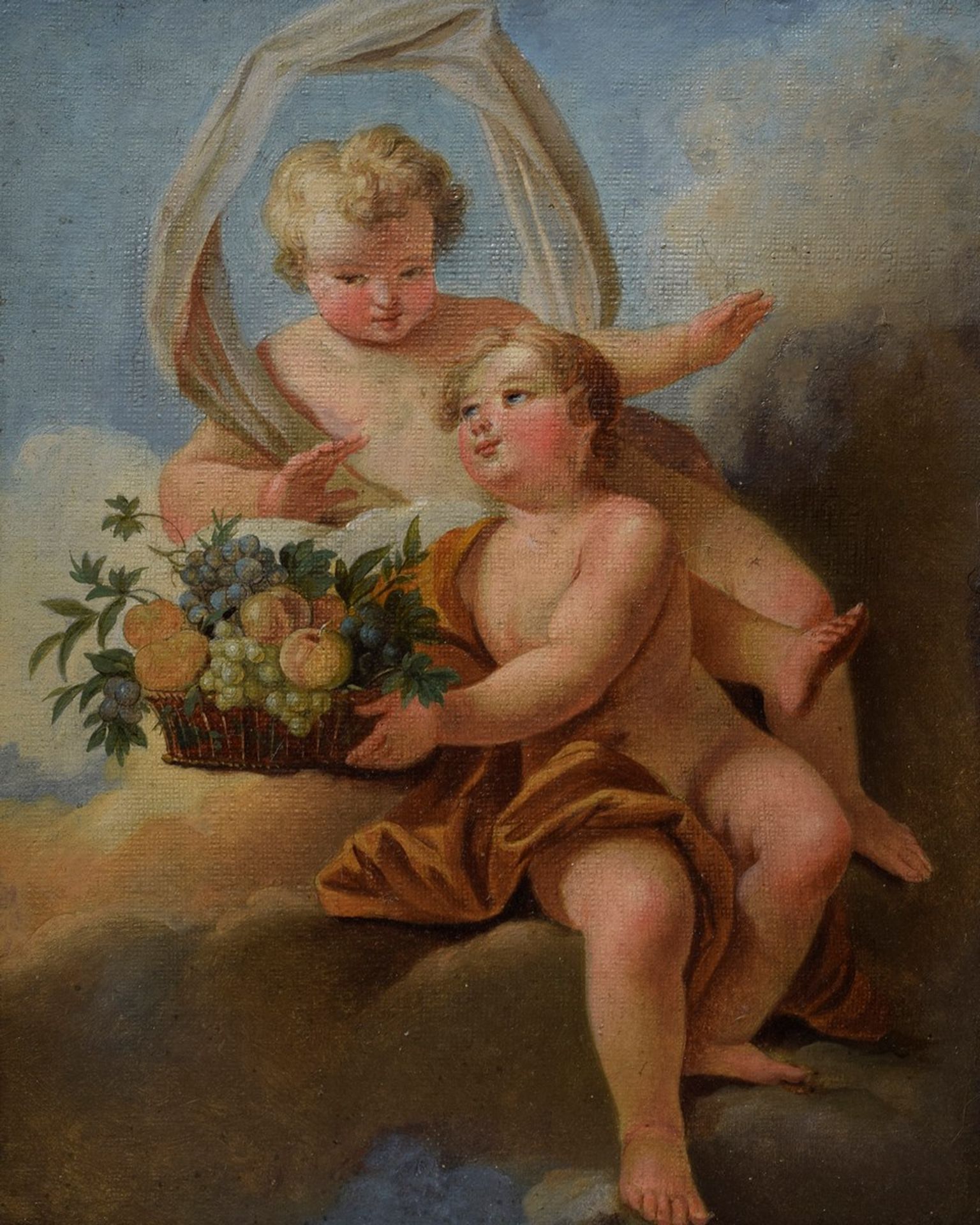 Paar Allegorische Darstellungen „Putti mit Blumen- und Fruchtkorb“, Öl/Leinwand, Italien 2. Hälfte  - Bild 3 aus 9