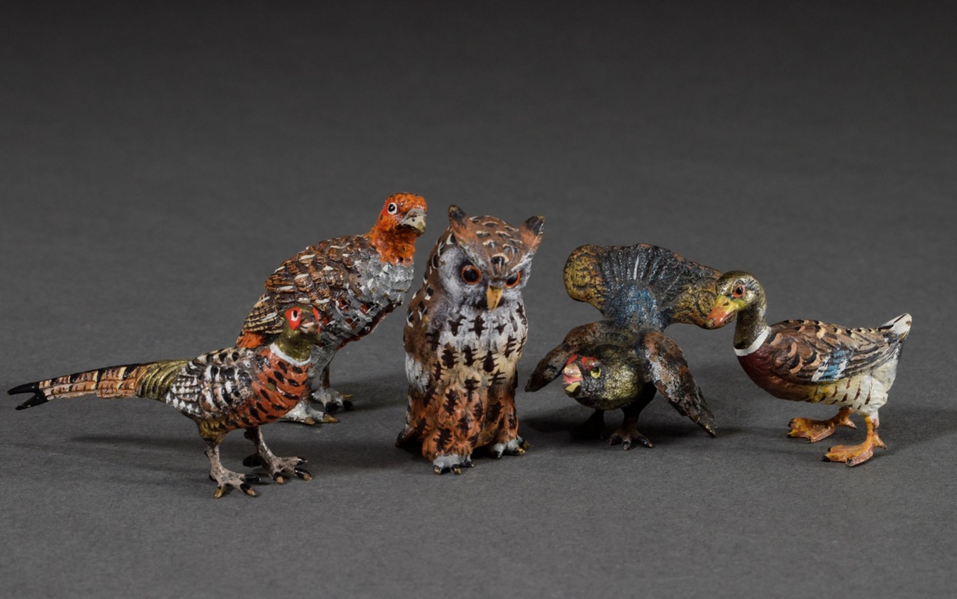 5 Various Viennese bronze "birds": partridge, eagle owl, pheasant, capercaillie and mallard, colour