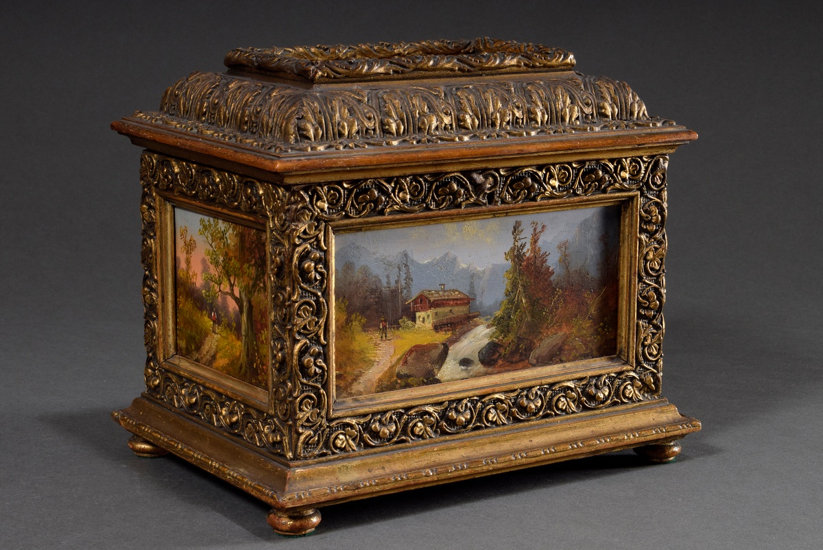 Opulent Historism wooden jewellery box with rich gilded relief decoration "tendrils and acanthus fo