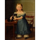 Unbekannter Maler des 19.Jh. „Mädchen mit Katze am Schreibtisch“, um 1830, Öl/Leinwand, verso Klebe