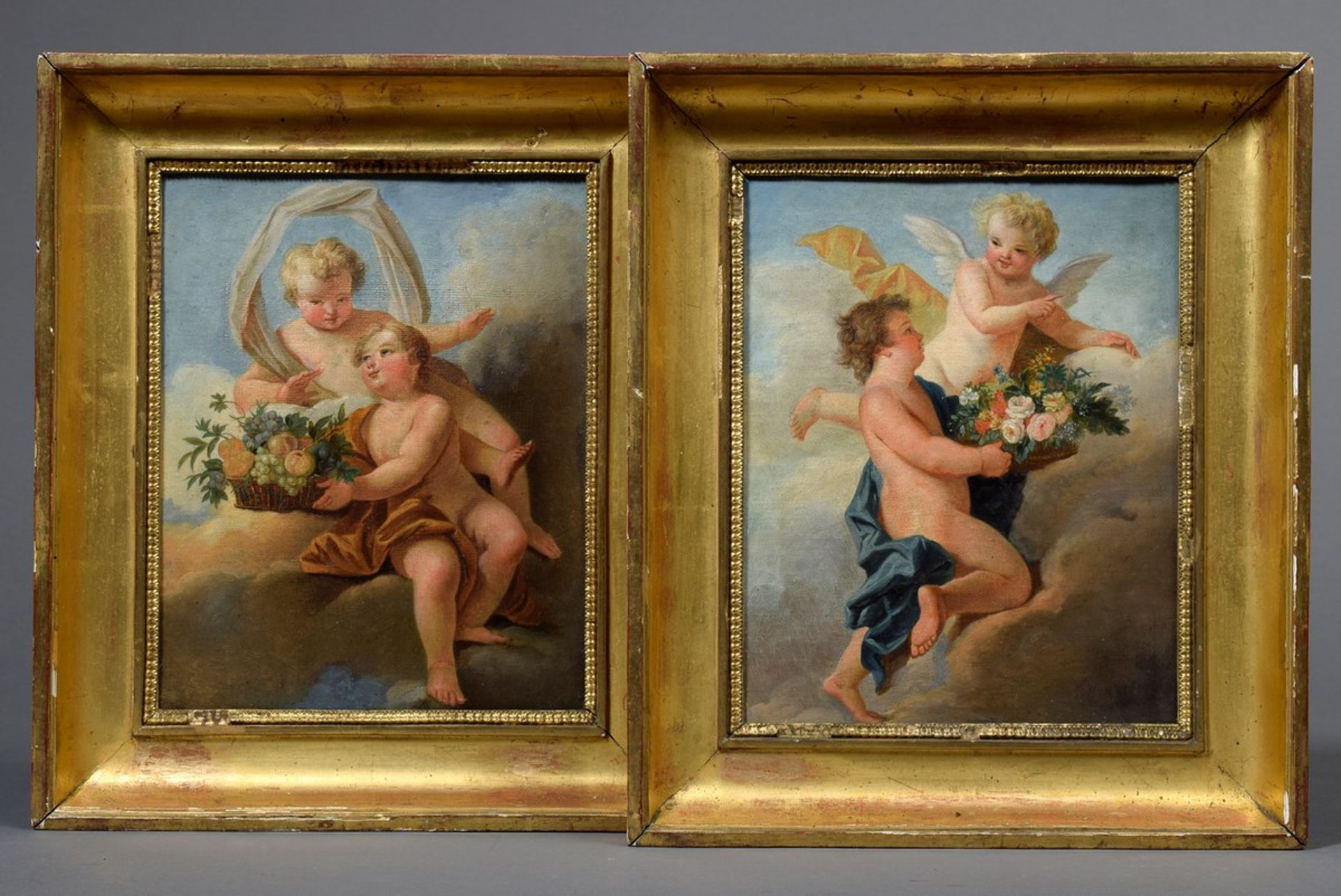 Paar Allegorische Darstellungen „Putti mit Blumen- und Fruchtkorb“, Öl/Leinwand, Italien 2. Hälfte 