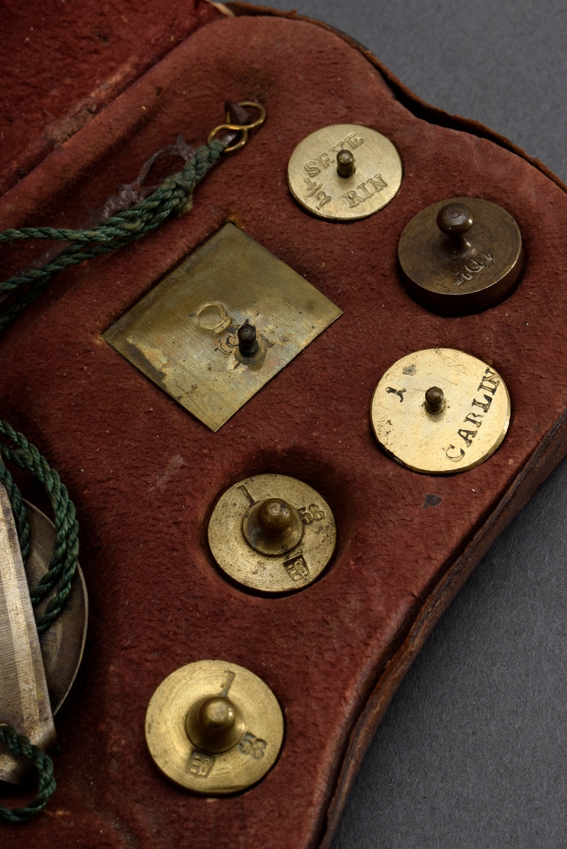 Coin balance with twelve weights in richly punched leather case, probably 18th century France, 2.5x - Image 4 of 5