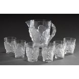 7 Teile schweres Lalique Glas Set mit mattiertem, halbplastischem Eichenlaub: Pitcher (H. 22cm) und