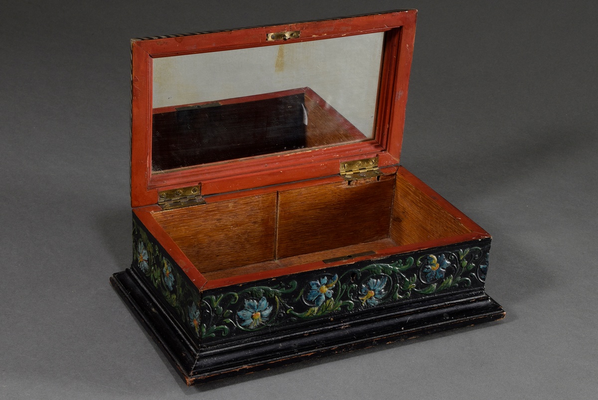 Angular Historism wooden casket with floral frieze, inlaid mother-of-pearl stripes as well as flora - Image 4 of 7