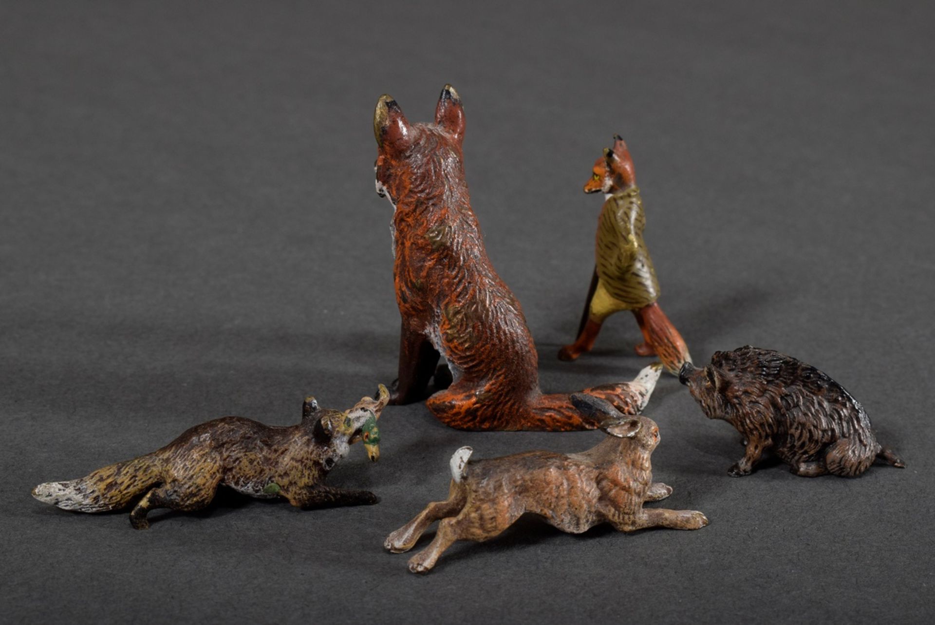 5 Various Viennese bronze "wild animals": fox, Reinecke fox, fox with duck, hare, wild boar, colour - Image 2 of 6