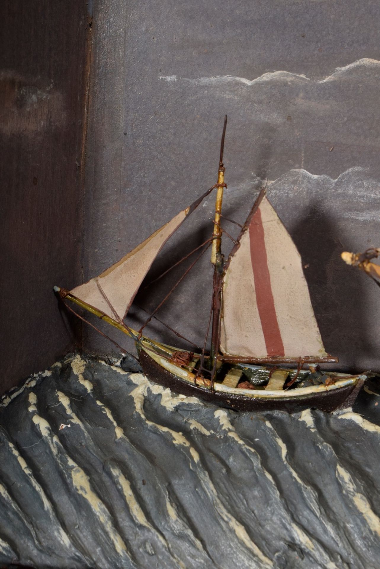 Diorama with full model "Two-master 'Anne'" with dinghy under Danish flag at sea", on the frame ins - Image 3 of 5