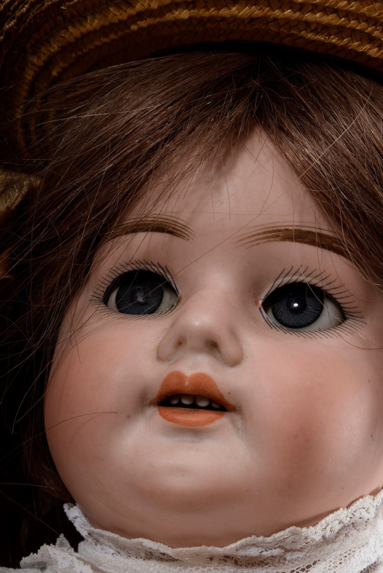 Doll with porcelain crank head and wooden/mass jointed body, brown human hair wig, blue glass eyes, - Image 3 of 10