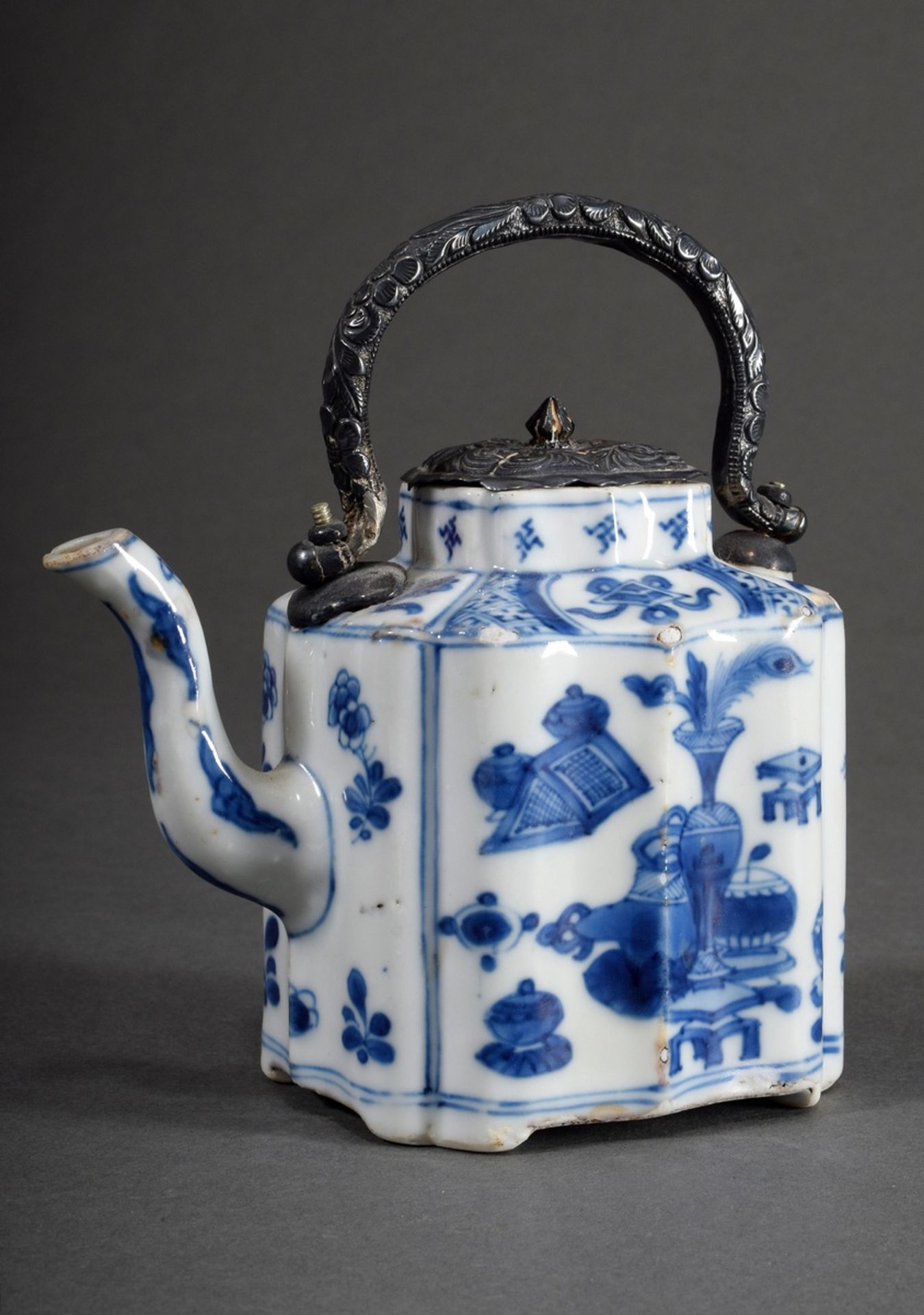 Small Chinese teapot with blue painting decor "Buddhist Symbols and Scholar Objects" on faceted wal