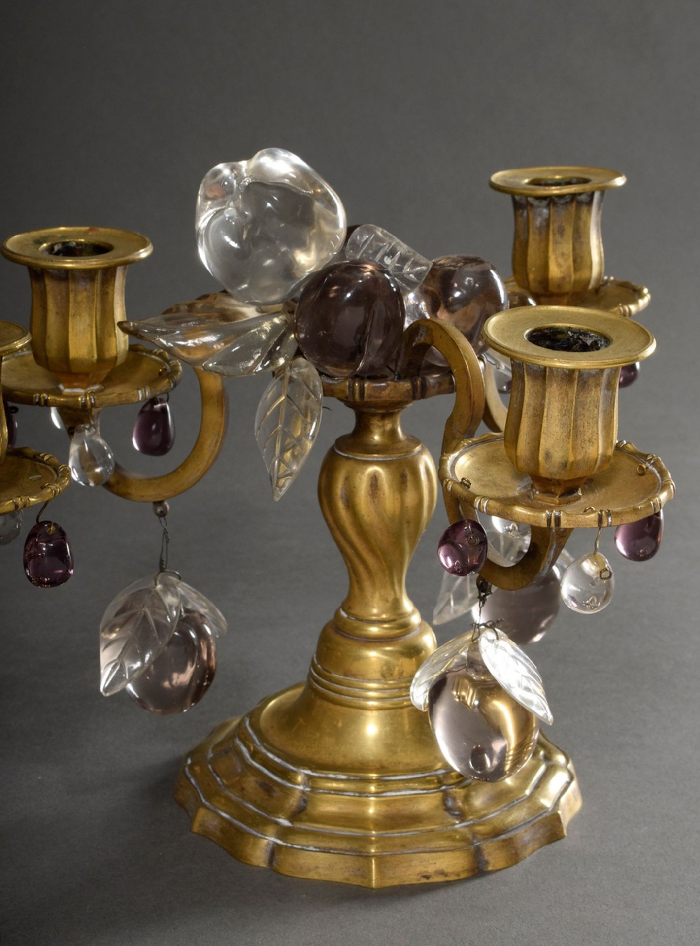 Pair of three-lamp French bronze girandoles with coloured "fruit" prisms in Louis XV style, 19th ce - Image 3 of 7