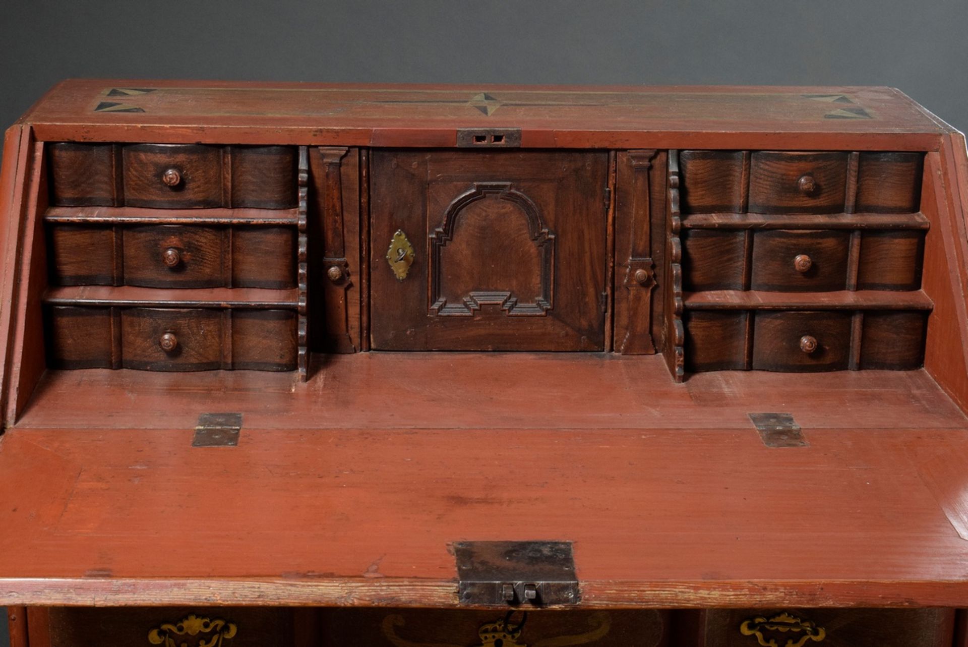 Rustic Danish secretary with slanted flap, star decoration, red/gold original frame and fittings as - Image 11 of 16