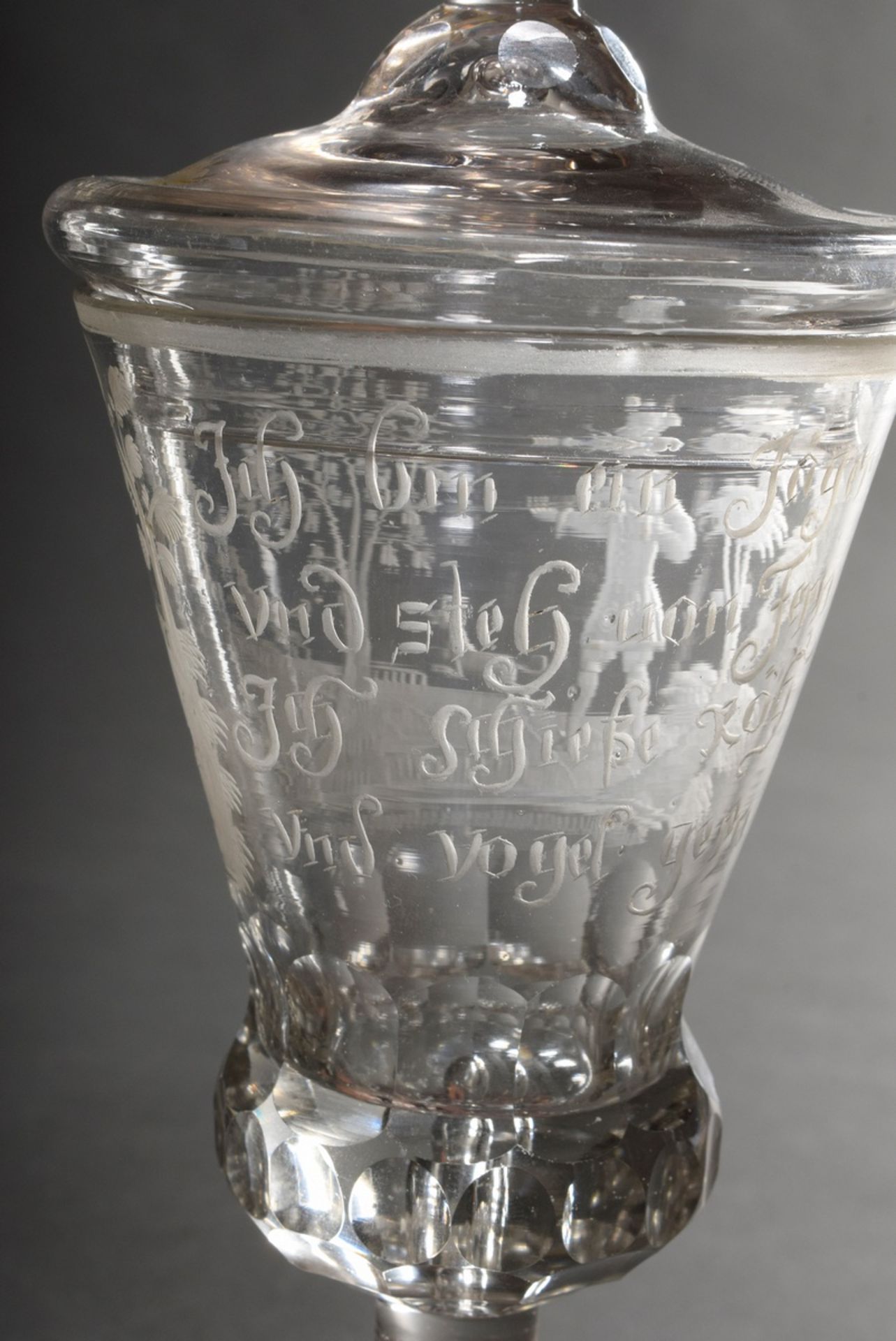 Baroque lidded goblet on a round foot with faceted baluster stem, pierced air bubble and engraved m - Image 4 of 10