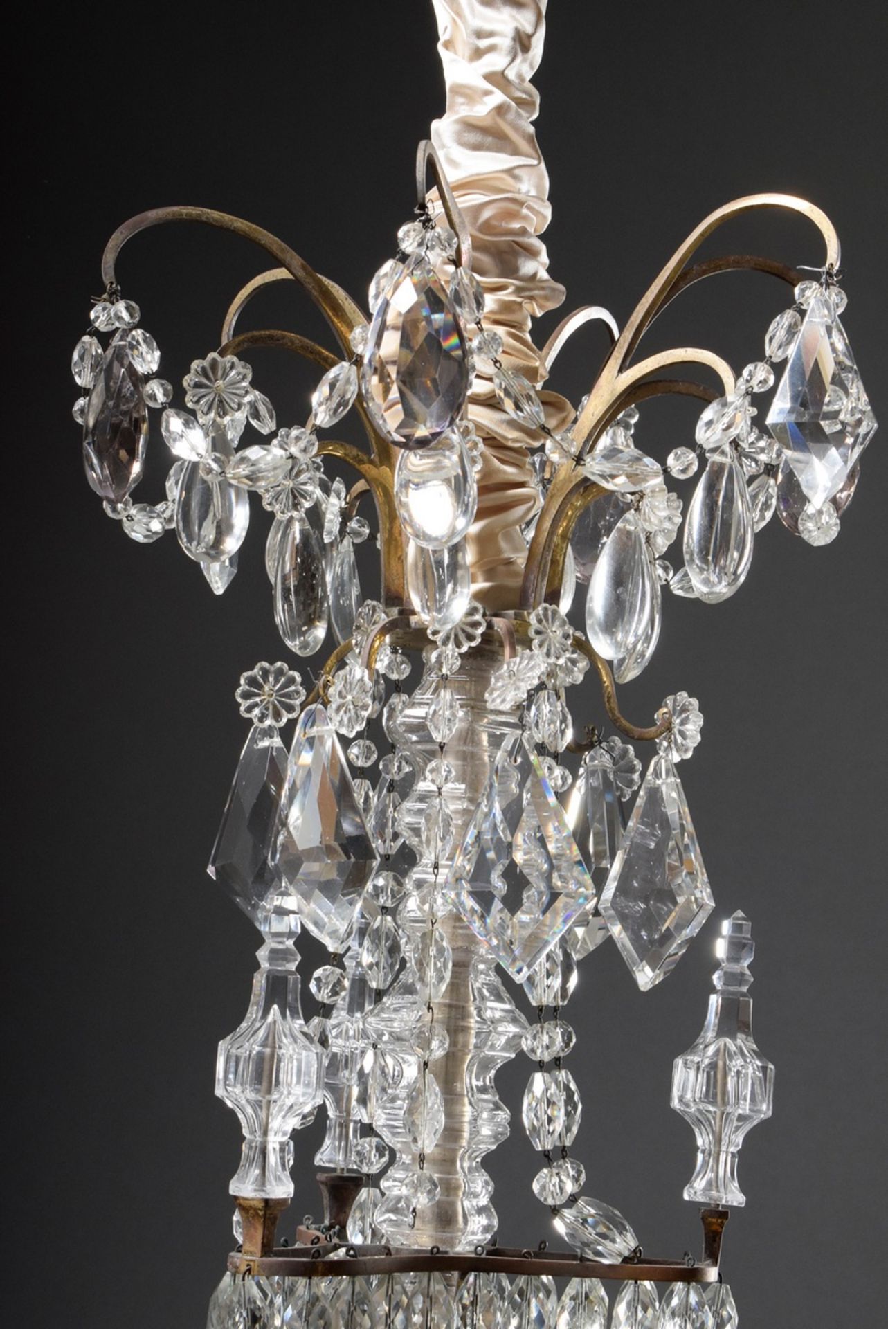 Fire-gilt bronze chandelier with elaborate prismatic hangings and cut balusters on a triangular bas - Image 4 of 9