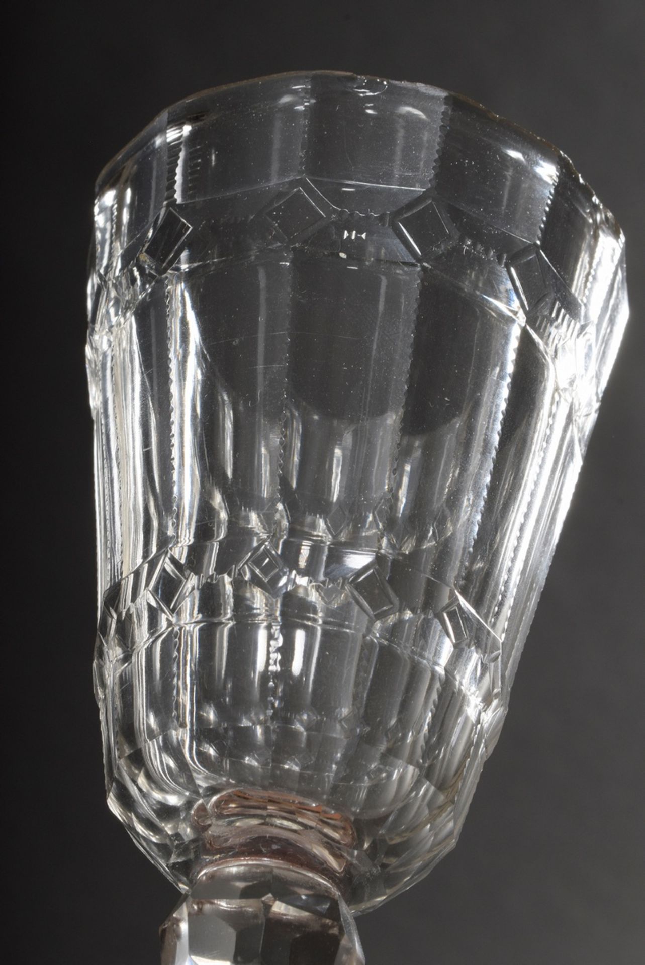 Baroque goblet glass on a broad plate base with baluster stem, pierced air bubble and rich facetted - Image 2 of 3